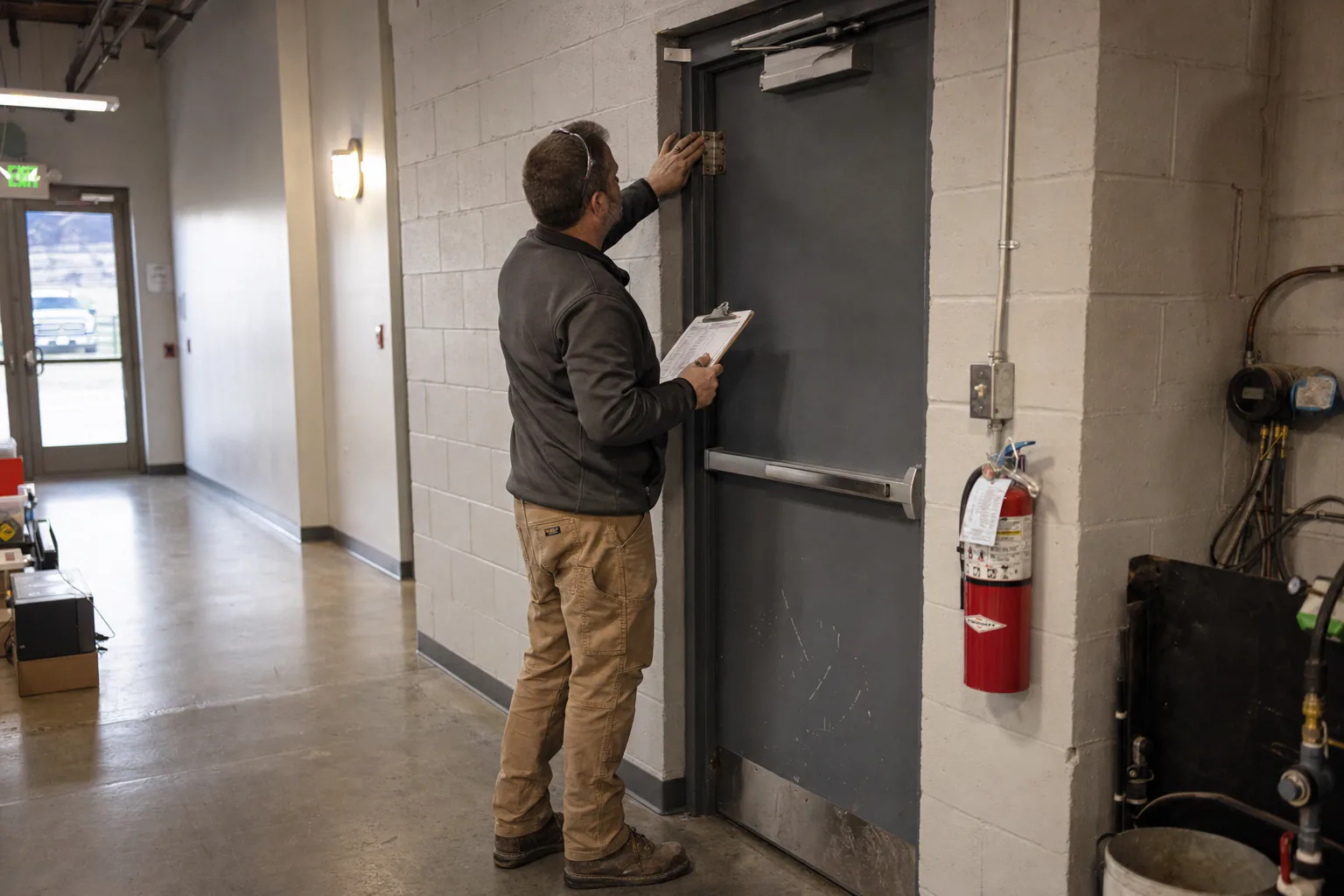 A facility manager inspecting the hinges and closer of a commercial steel door with a maintenance clipboard nearby