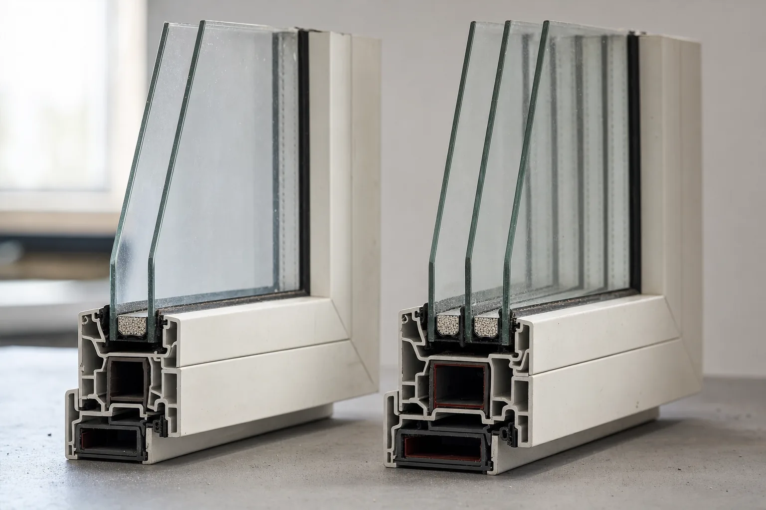 Cutaway comparison of a double pane window cross-section next to a triple pane window cross-section showing the glass layers and air gaps