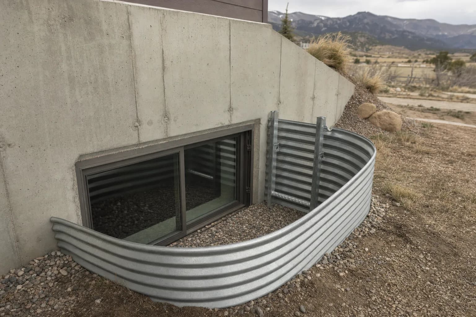 A code compliant egress window in a basement foundation wall with a window well, gravel base, and ladder leading up to grade.