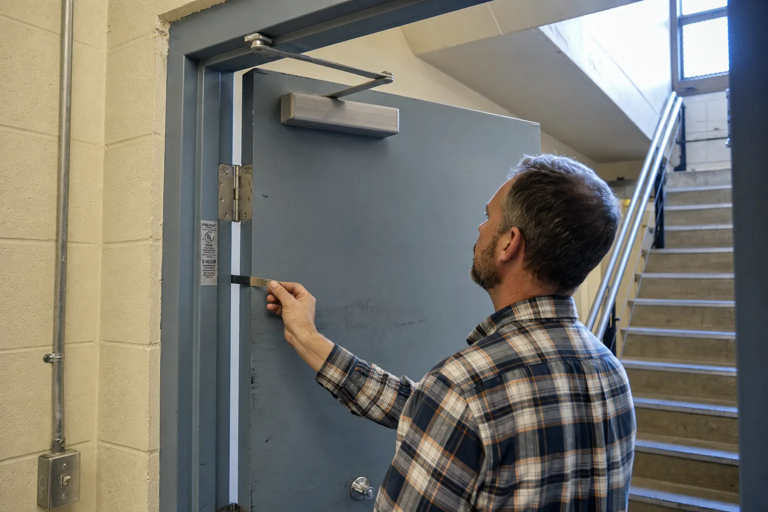 A facility manager and inspector examining a labeled commercial fire-rated door and its hardware in a stairwell