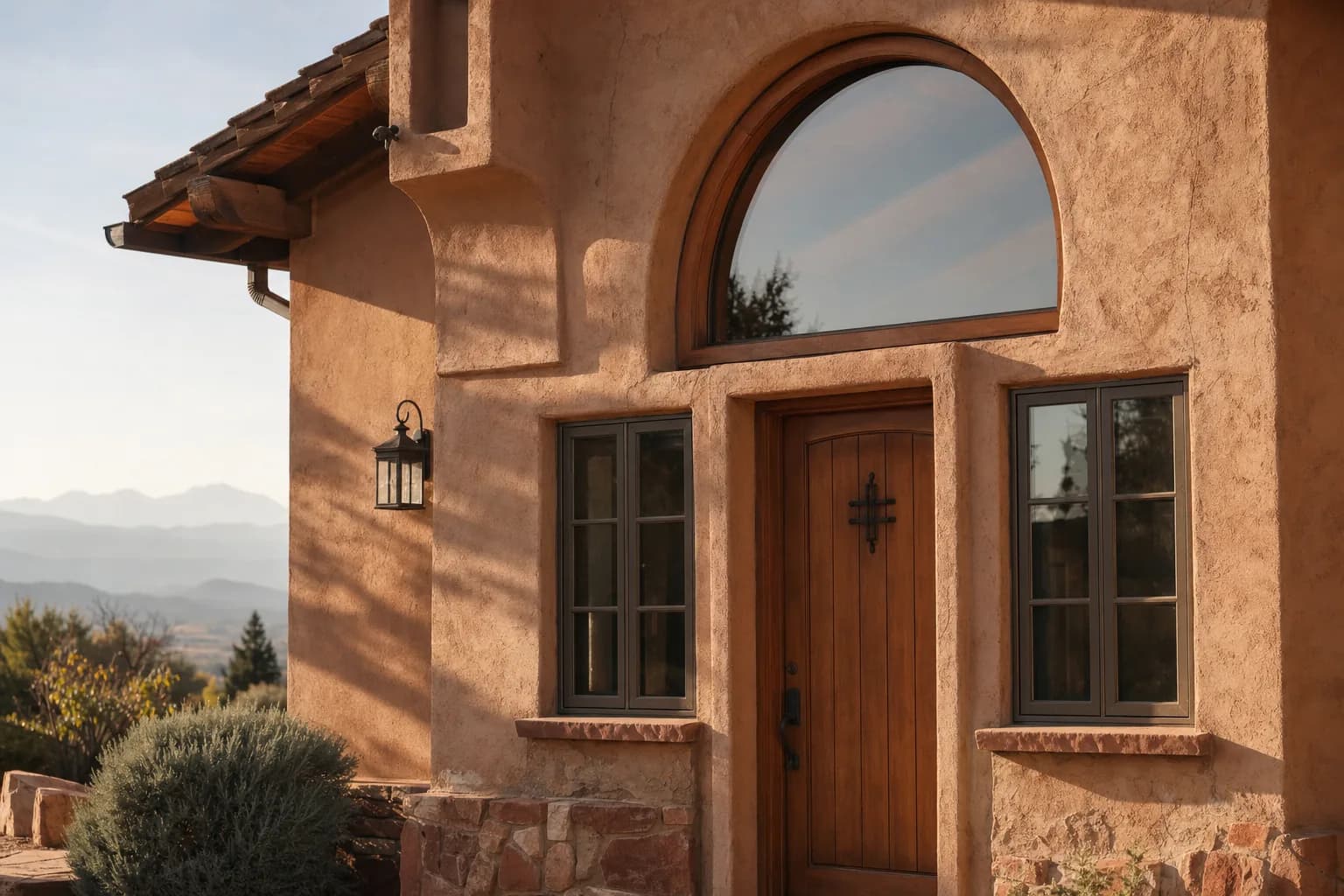 A southwestern stucco home exterior featuring an arched accent window above the front entry and an eyebrow window set into the roofline