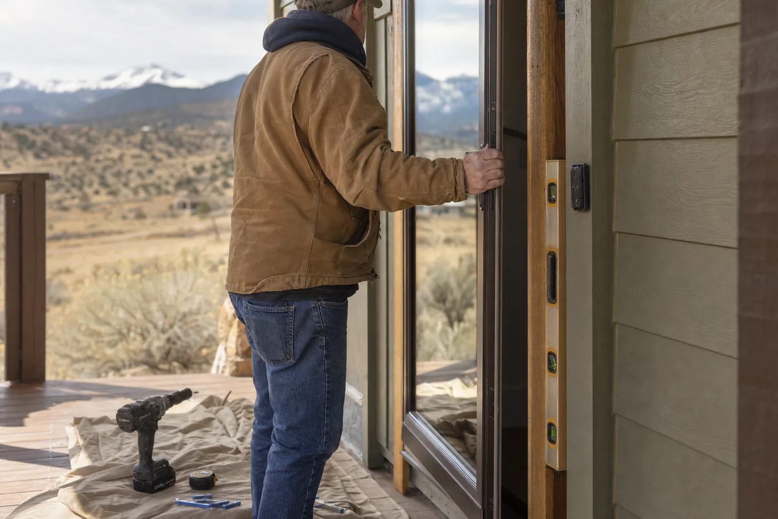 Homeowner installing a full-view glass storm door on an entry door frame, checking level before winter in Western Colorado