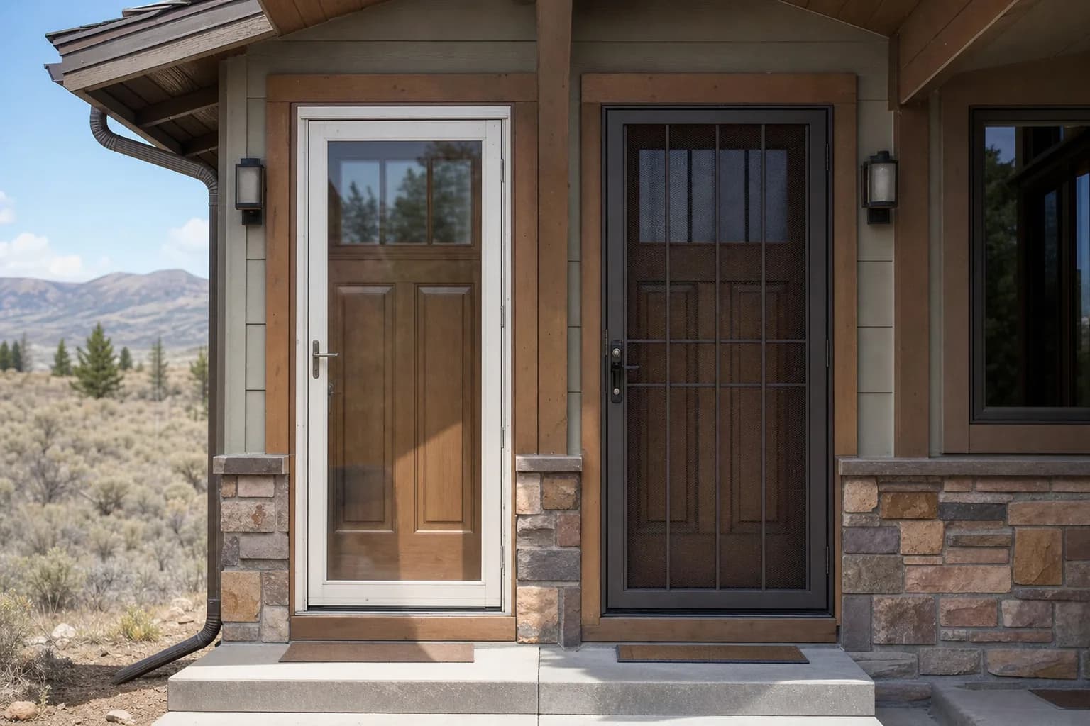 Side-by-side comparison of a standard glass storm door and a reinforced security storm door with steel mesh on a home entry