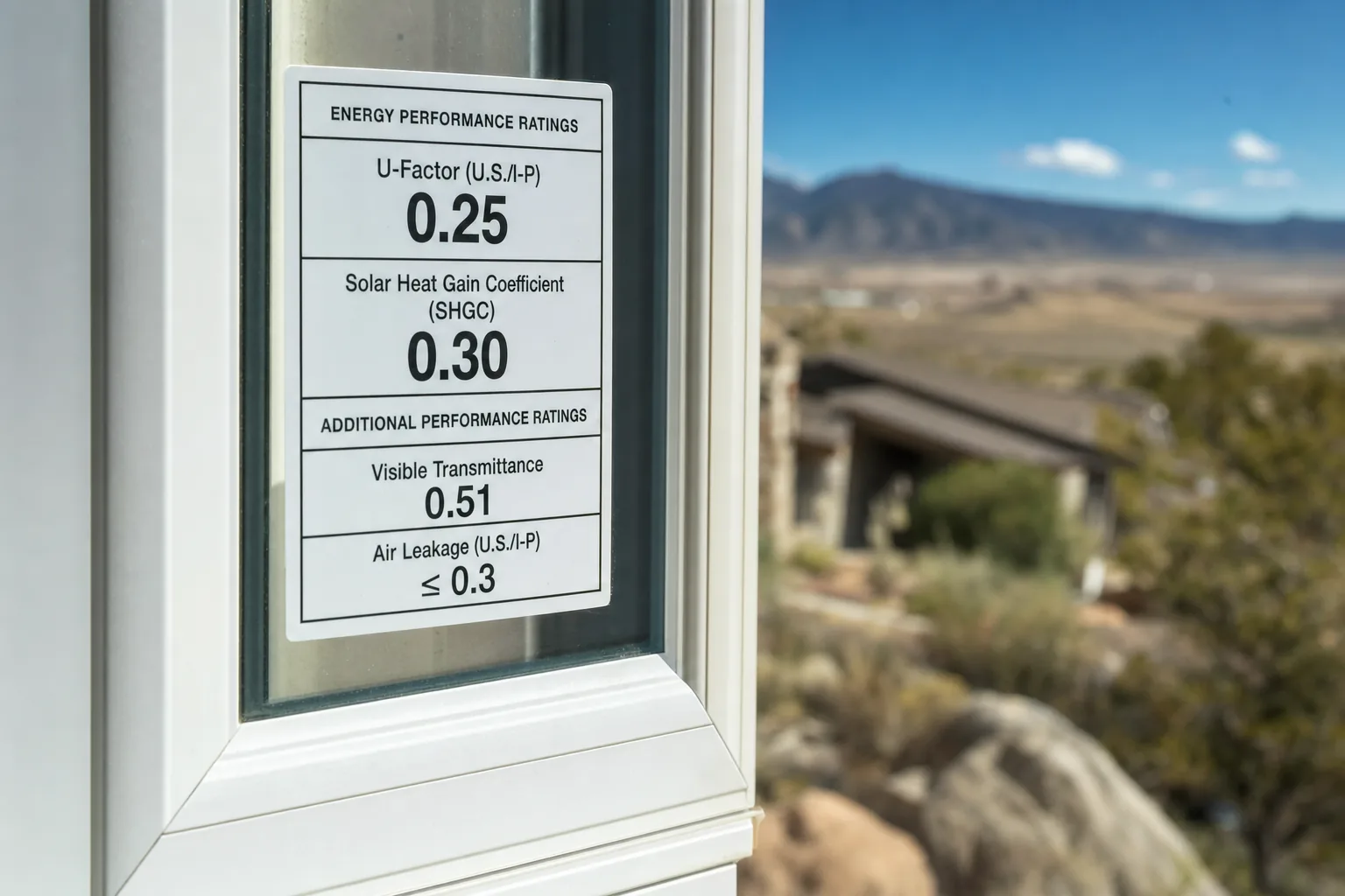 Close-up of an NFRC energy performance label on a window frame showing U-factor and Solar Heat Gain Coefficient ratings, with a Montrose, Colorado home in soft focus behind it