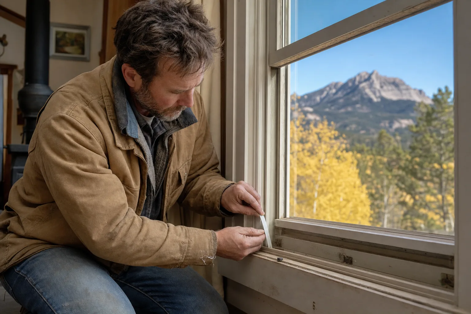 Homeowner in a canvas work coat pressing new adhesive weatherstripping onto a window sash frame, with fall aspen leaves and Western Colorado mountains visible outside the glass